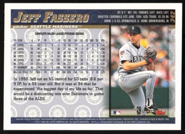 1998 Topps Jeff Fassero #342 (Back)