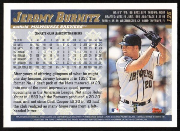 1998 Topps Jeromy Burnitz #126 (Back)