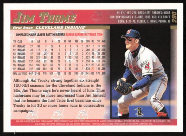 1998 Topps Jim Thome #290 (Back)