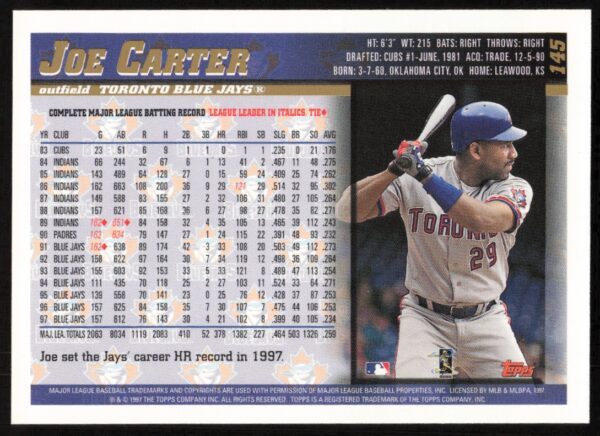 1998 Topps Joe Carter #145 (Back)