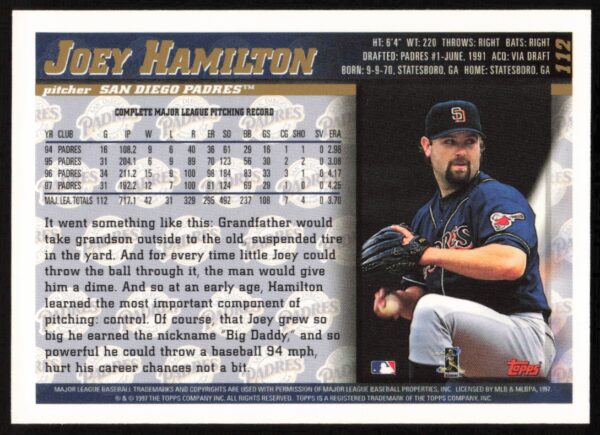 1998 Topps Joey Hamilton #112 (Back)