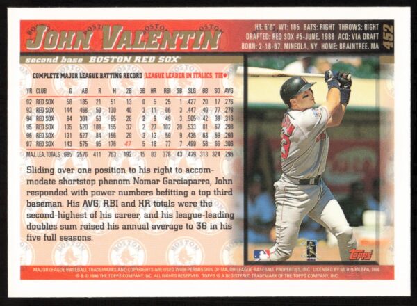 1998 Topps John Valentin #452 (Back)