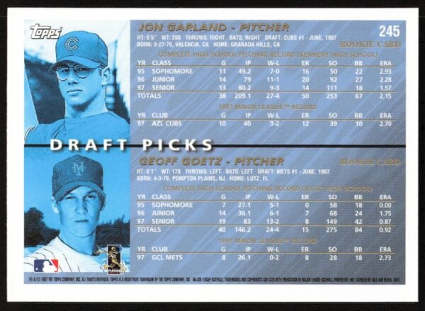 1998 Topps Jon Garland / Geoff Goetz Draft Picks #245 (Back)