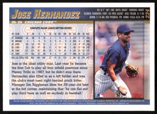 1998 Topps Jose Hernandez #234 (Back)