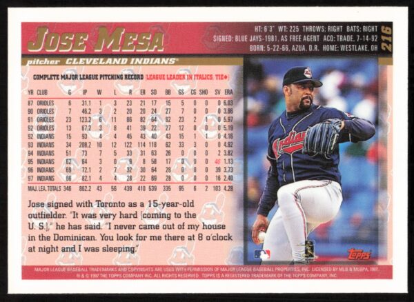 1998 Topps Jose Mesa #216 (Back)