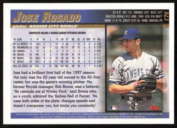 1998 Topps Jose Rosado #174 (Back)