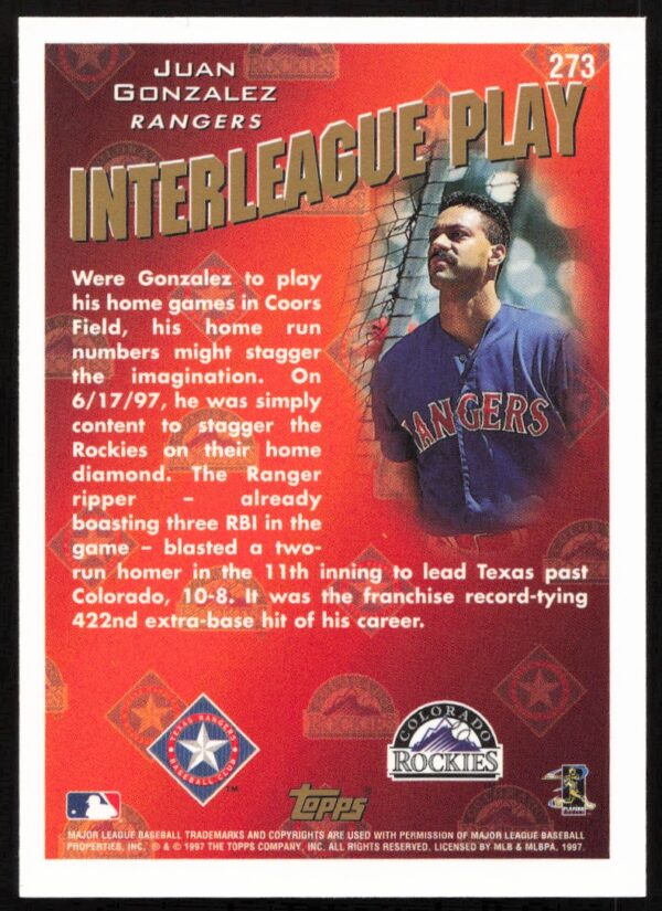 1998 Topps Juan Gonzalez Interleague Play #273 (Back)