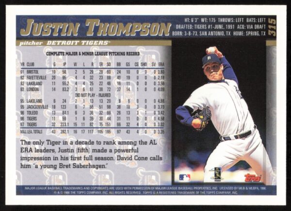 1998 Topps Justin Thompson #315 (Back)