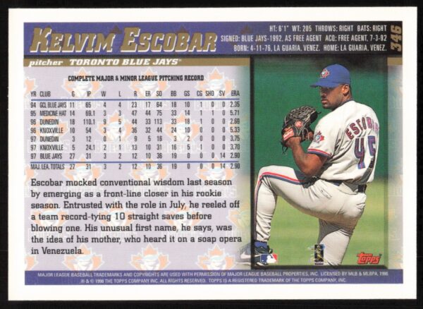 1998 Topps Kelvim Escobar #346 (Back)