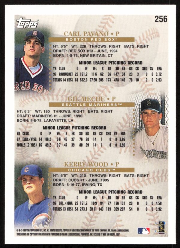 1998 Topps Kerry Wood / Carl Pavano / Gil Meche Prospects #256 (Back)