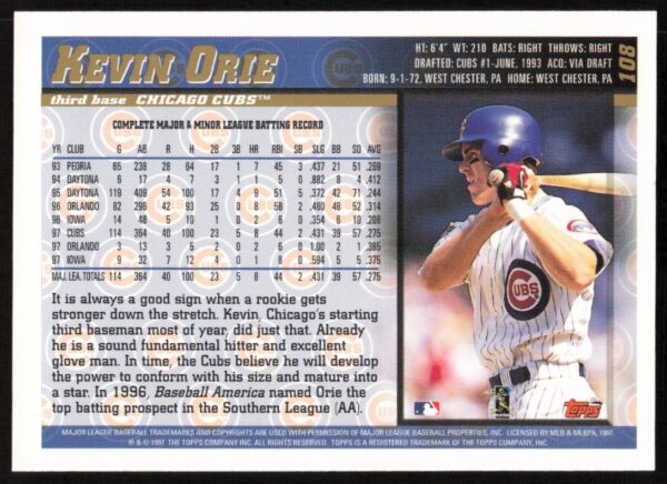 1998 Topps Kevin Orie #108 (Back)