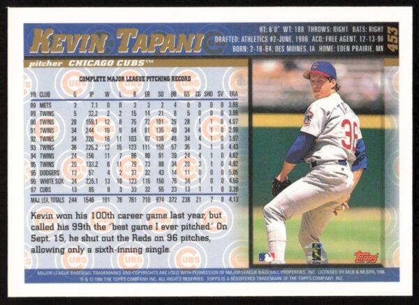 1998 Topps Kevin Tapani #453 (Back)