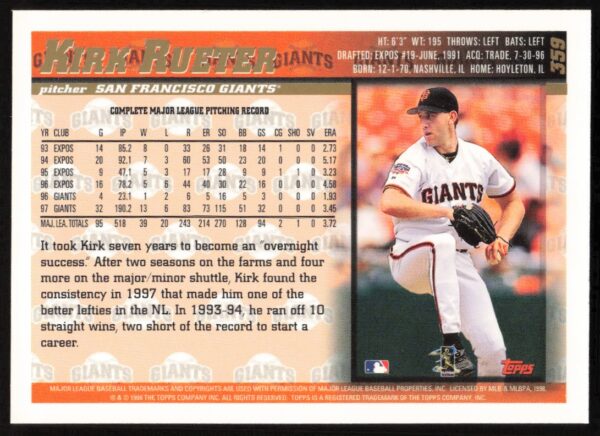 1998 Topps Kirk Rueter #359 (Back)