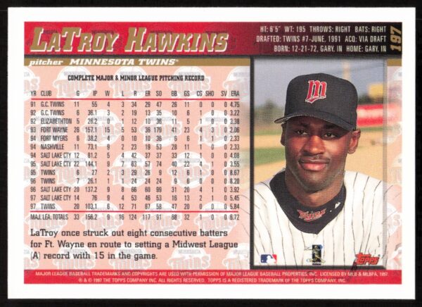 1998 Topps LaTroy Hawkins #197 (Back)