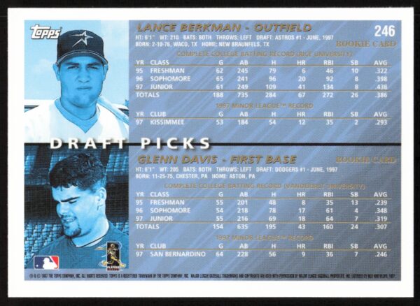 1998 Topps Lance Berkman / Glenn Davis Draft Picks #246 (Back)