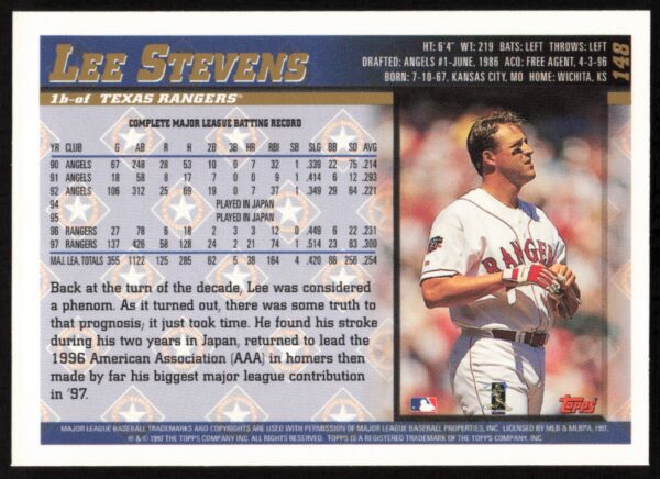 1998 Topps Lee Stevens #148 (Back)