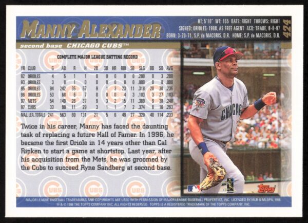 1998 Topps Manny Alexander #424 (Back)