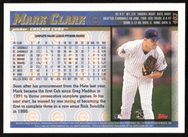 1998 Topps Mark Clark #403 (Back)