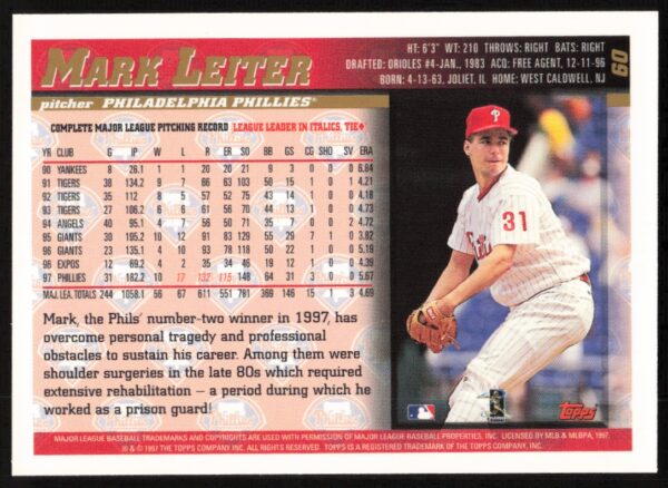 1998 Topps Mark Leiter #60 (Back)