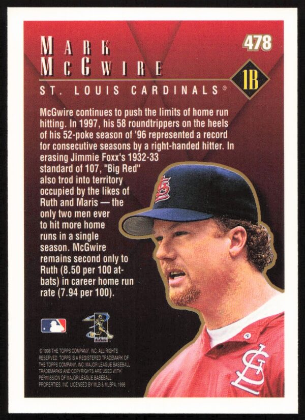 1998 Topps Mark McGwire Season Highlights #478 (Back)