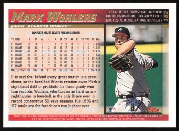 1998 Topps Mark Wohlers #162 (Back)