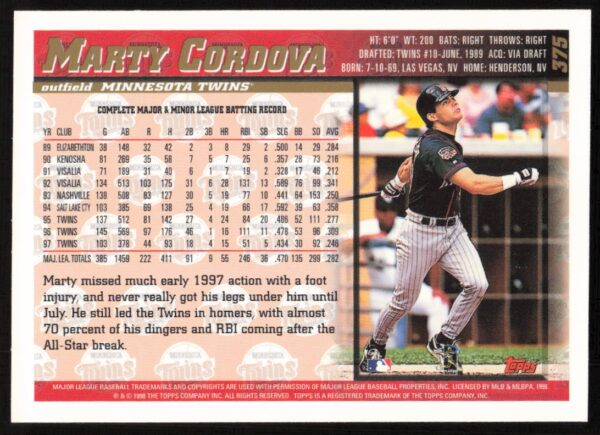 1998 Topps Marty Cordova #375 (Back)