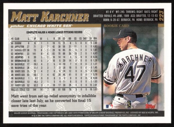 1998 Topps Matt Karchner #223 (Back)