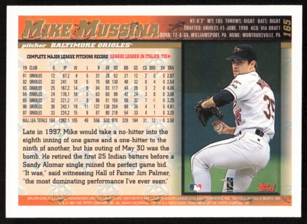 1998 Topps Mike Mussina #165 (Back)