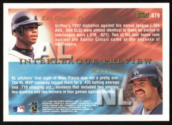 1998 Topps Mike Piazza / Ken Griffey Jr. Interleague Preview #479 (Back)