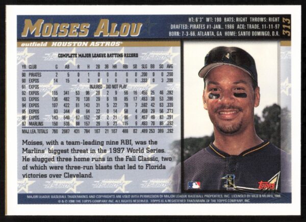 1998 Topps Moises Alou #313 (Back)