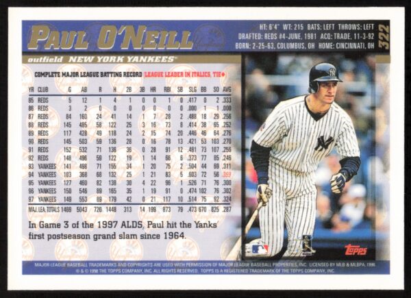 1998 Topps Paul O'Neill #322 (Back)