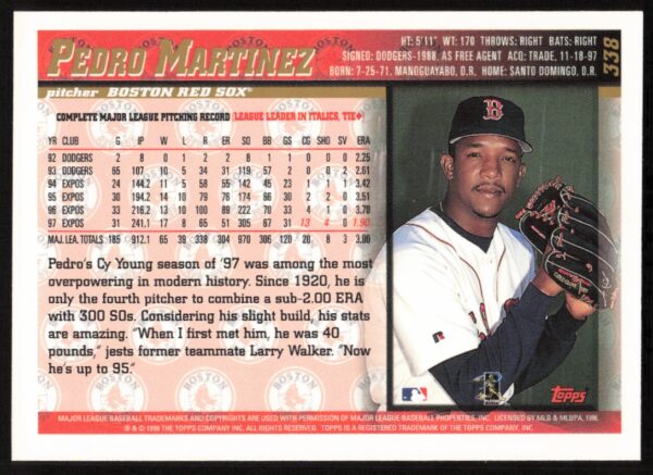 1998 Topps Pedro Martinez #338 (Back)