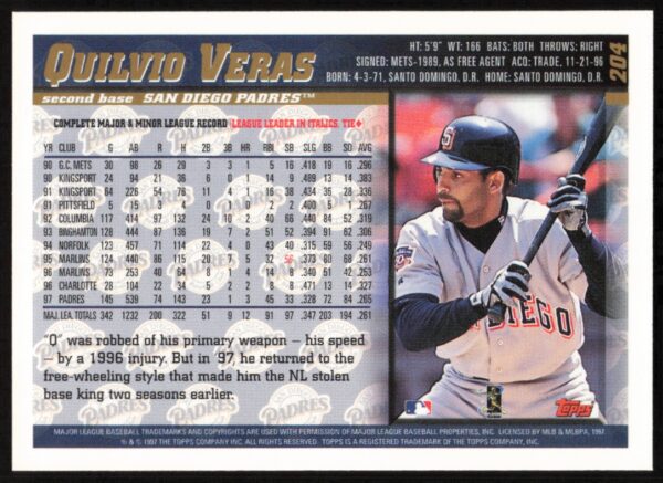 1998 Topps Quilvio Veras #204 (Back)