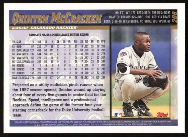 1998 Topps Quinton McCracken #206 (Back)