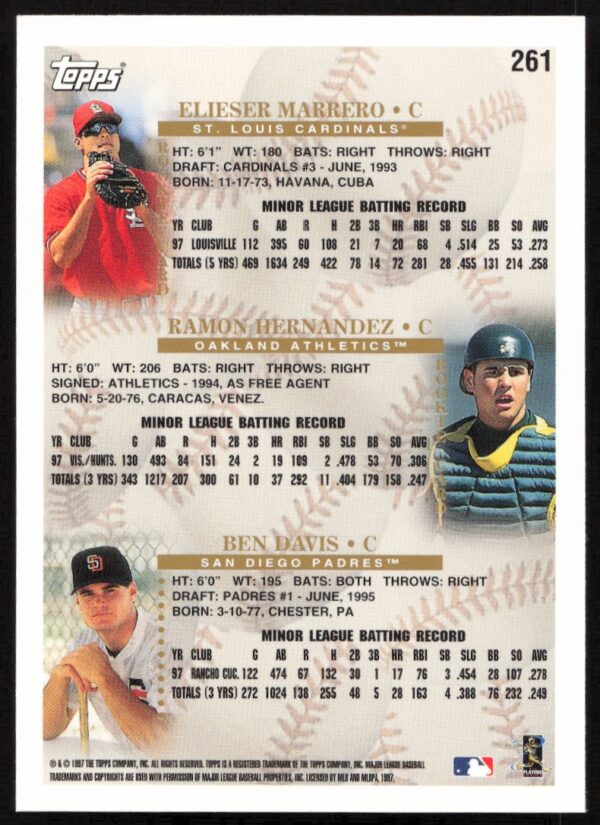 1998 Topps Ramon Hernandez / Ben Davis / Eli Marrero Prospects #261 (Back)