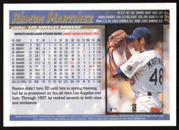 1998 Topps Ramon Martinez #397 (Back)