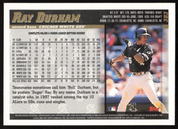 1998 Topps Ray Durham #383 (Back)