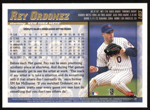 1998 Topps Rey Ordonez #103 (Back)