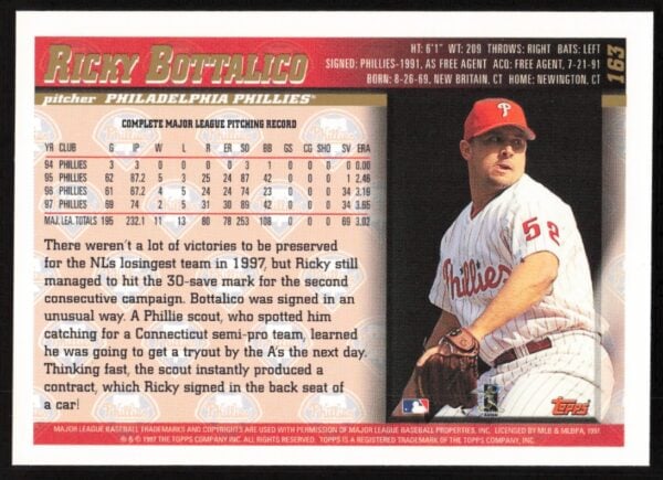 1998 Topps Ricky Bottalico #163 (Back)