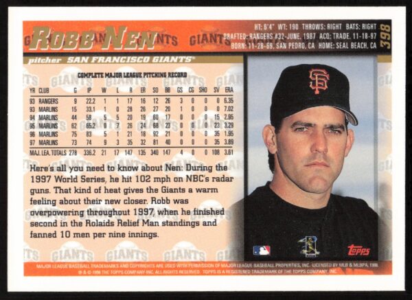 1998 Topps Robb Nen #398 (Back)