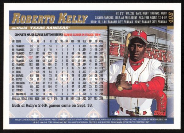 1998 Topps Roberto Kelly #408 (Back)