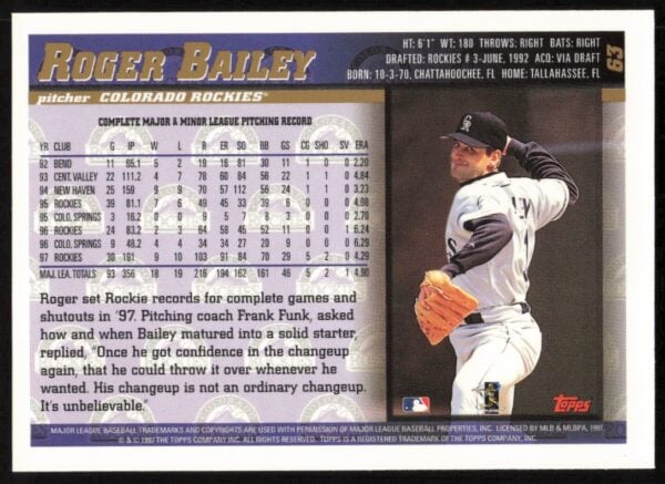 1998 Topps Roger Bailey #63 (Back)