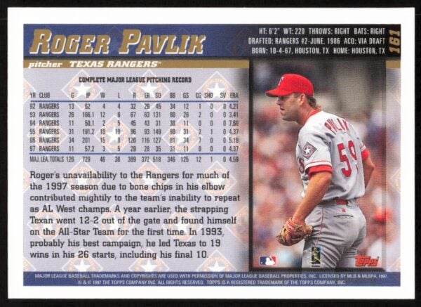 1998 Topps Roger Pavlik #161 (Back)