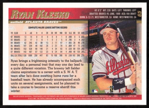 1998 Topps Ryan Klesko #65 (Back)