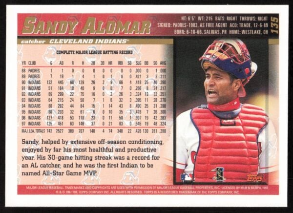 1998 Topps Sandy Alomar Jr. #135 (Back)