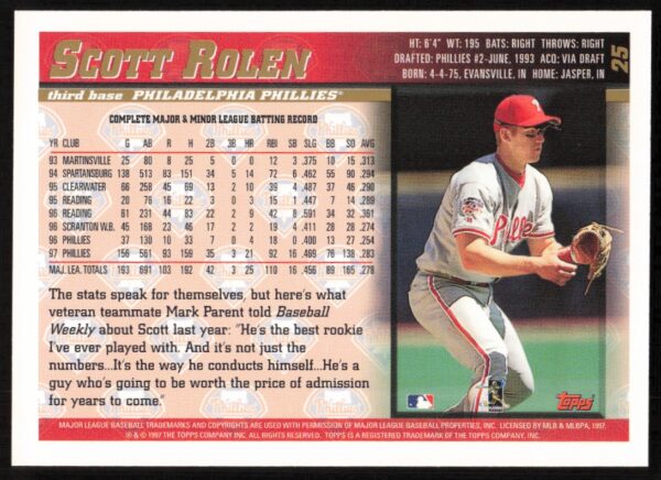 1998 Topps Scott Rolen #25 (Back)