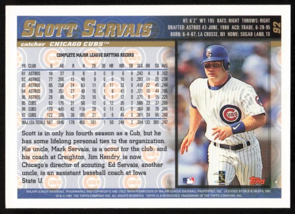 1998 Topps Scott Servais #92 (Back)