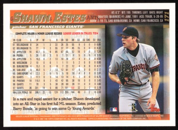 1998 Topps Shawn Estes #171 (Back)