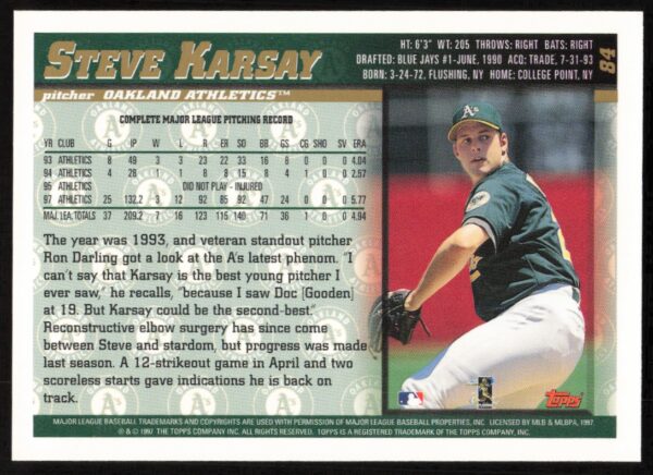 1998 Topps Steve Karsay #84 (Back)