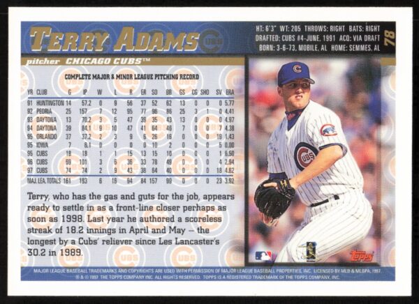 1998 Topps Terry Adams #78 (Back)